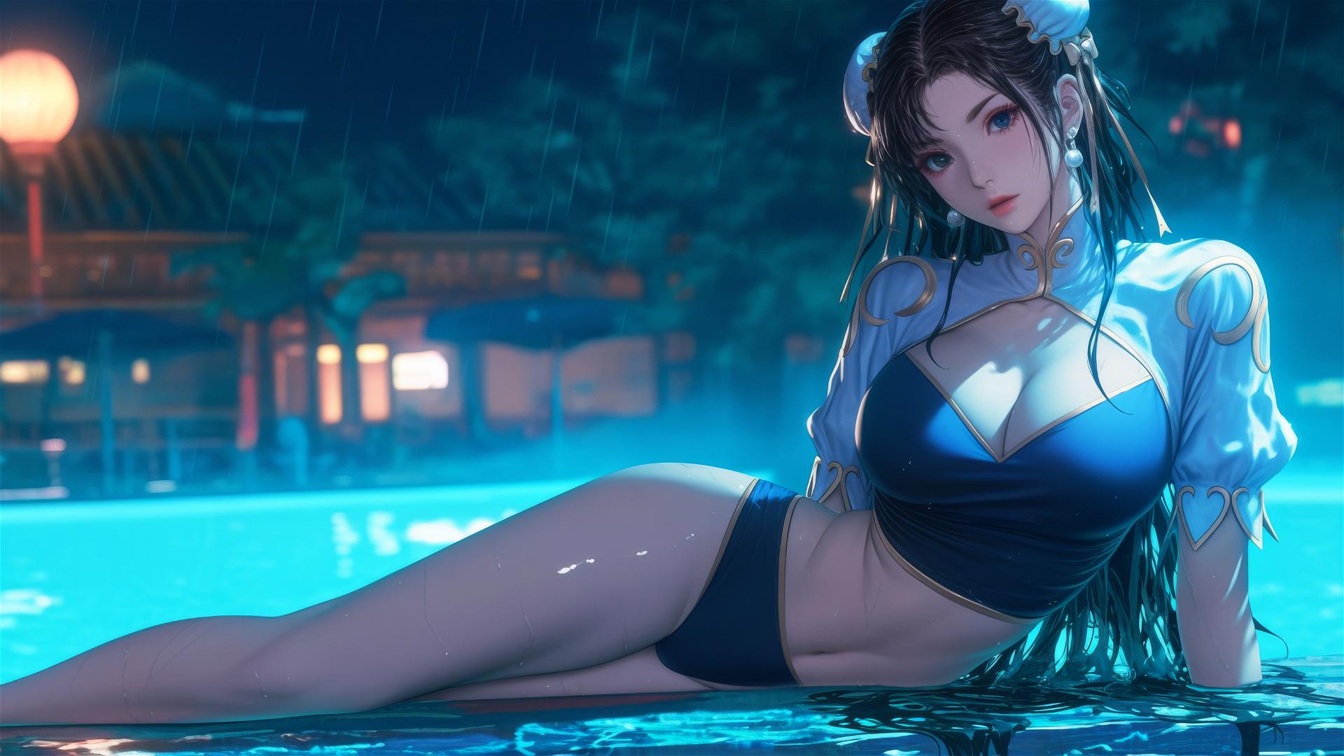 Chun Li resting at rainy swimming pool with moonlight glow