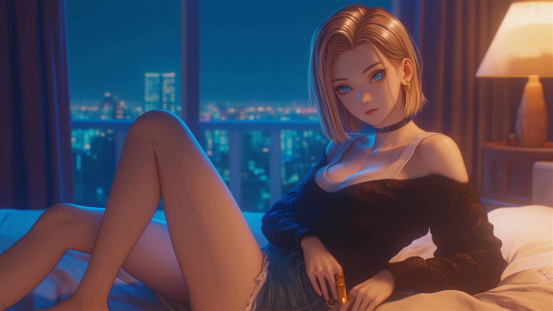 Android 18 resting in modern hotel room with moonlight glow