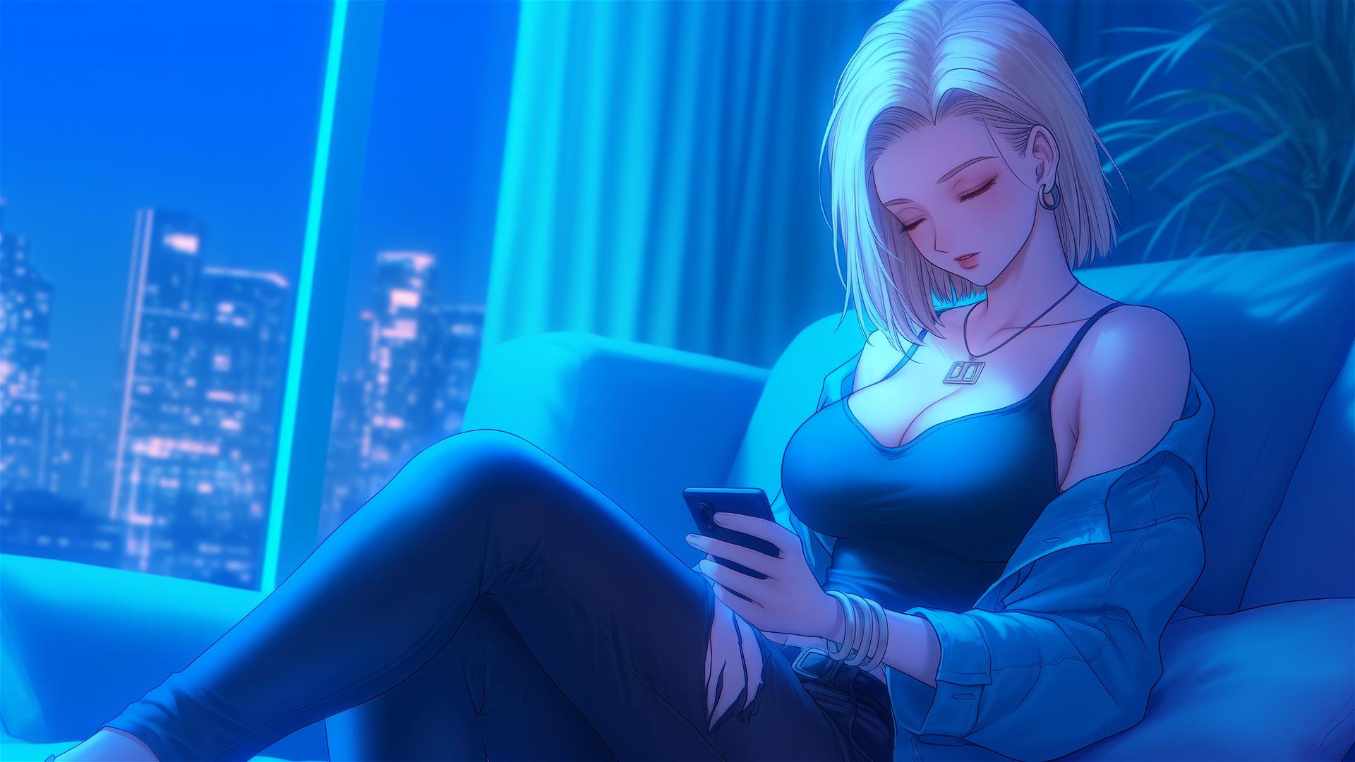Android 18 resting in a modern hotel room with moonlight glowing on her.