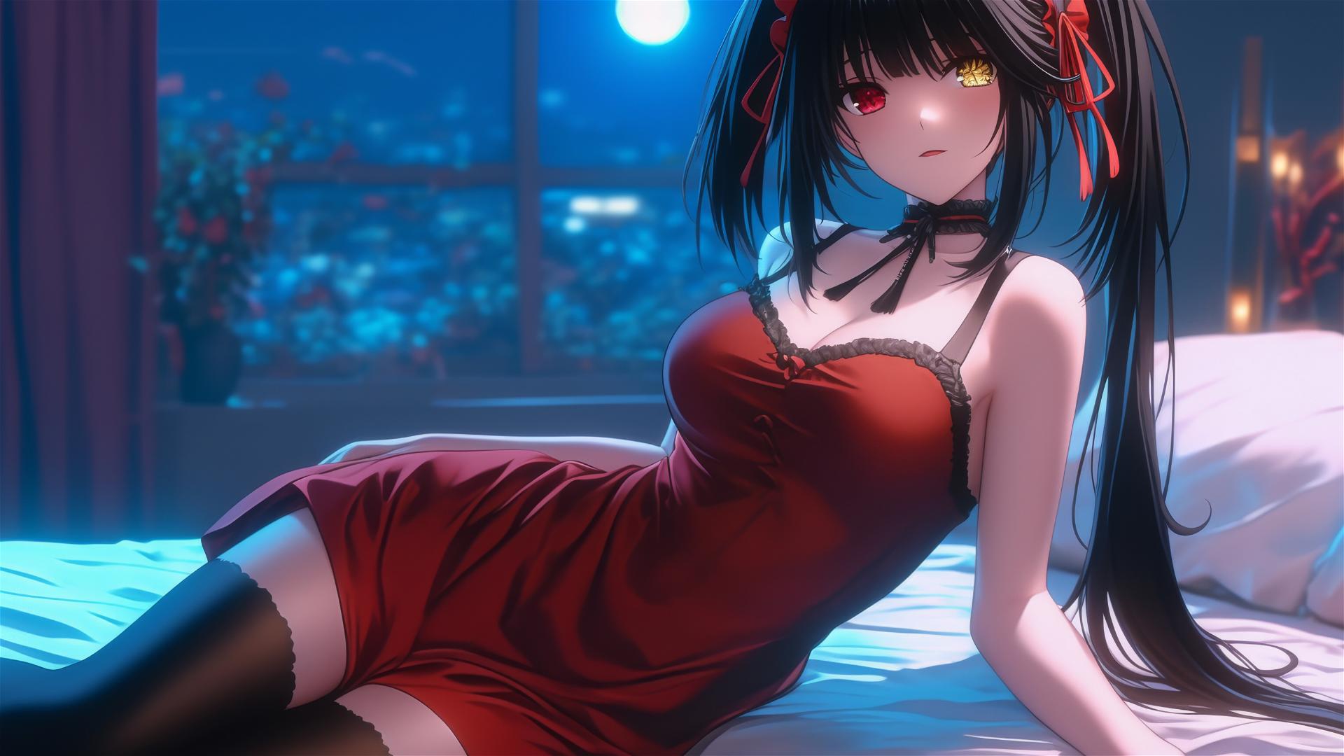 Kurumi Tokisaki from Date A Live resting in a modern hotel room with moonlight glow