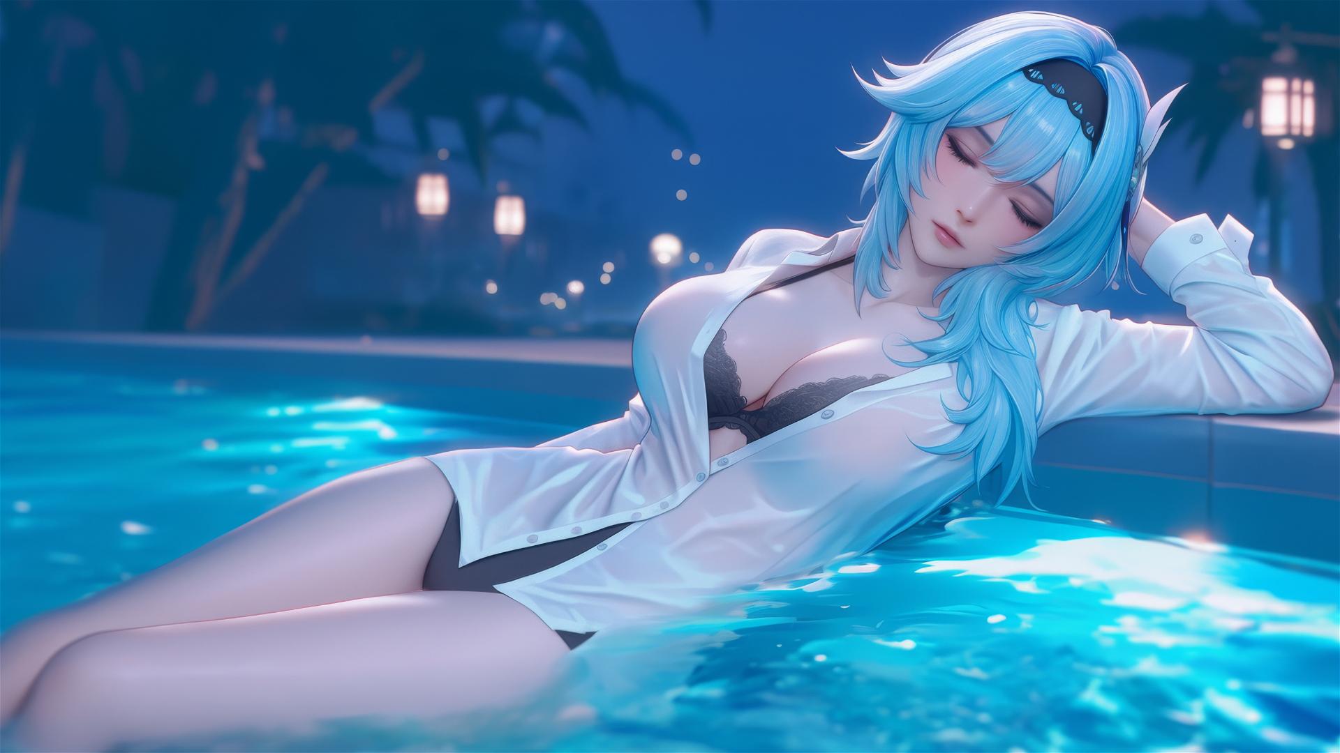 Eula Lawrence in a white office shirt resting by a rainy swimming pool with moonlight glow and light blue hair.