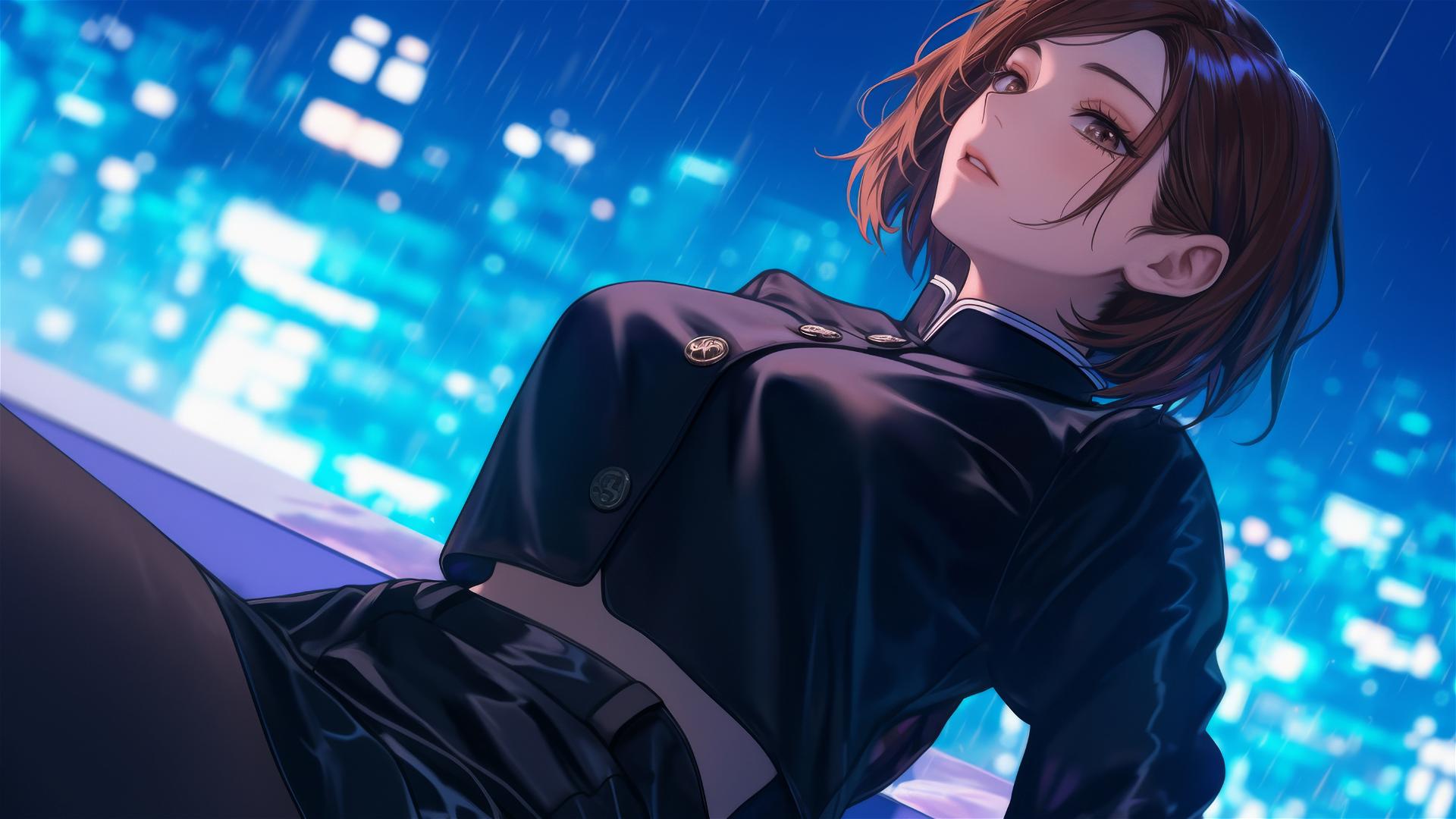 Nobara Kugisaki from Jujutsu Kaisen relaxing by a rainy pool with moonlight.