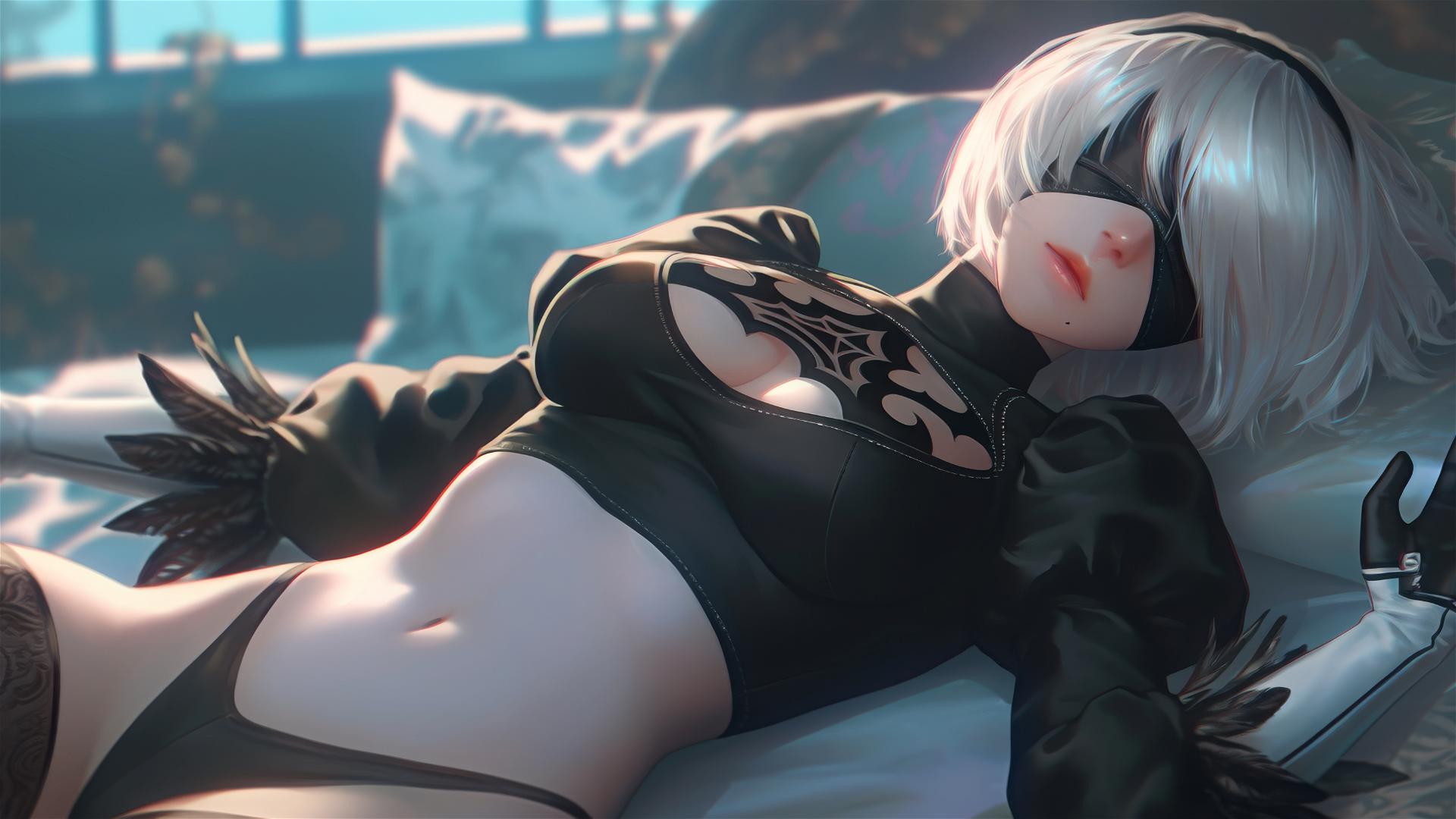 2B from Nier resting in a modern hotel room with moonlight glow