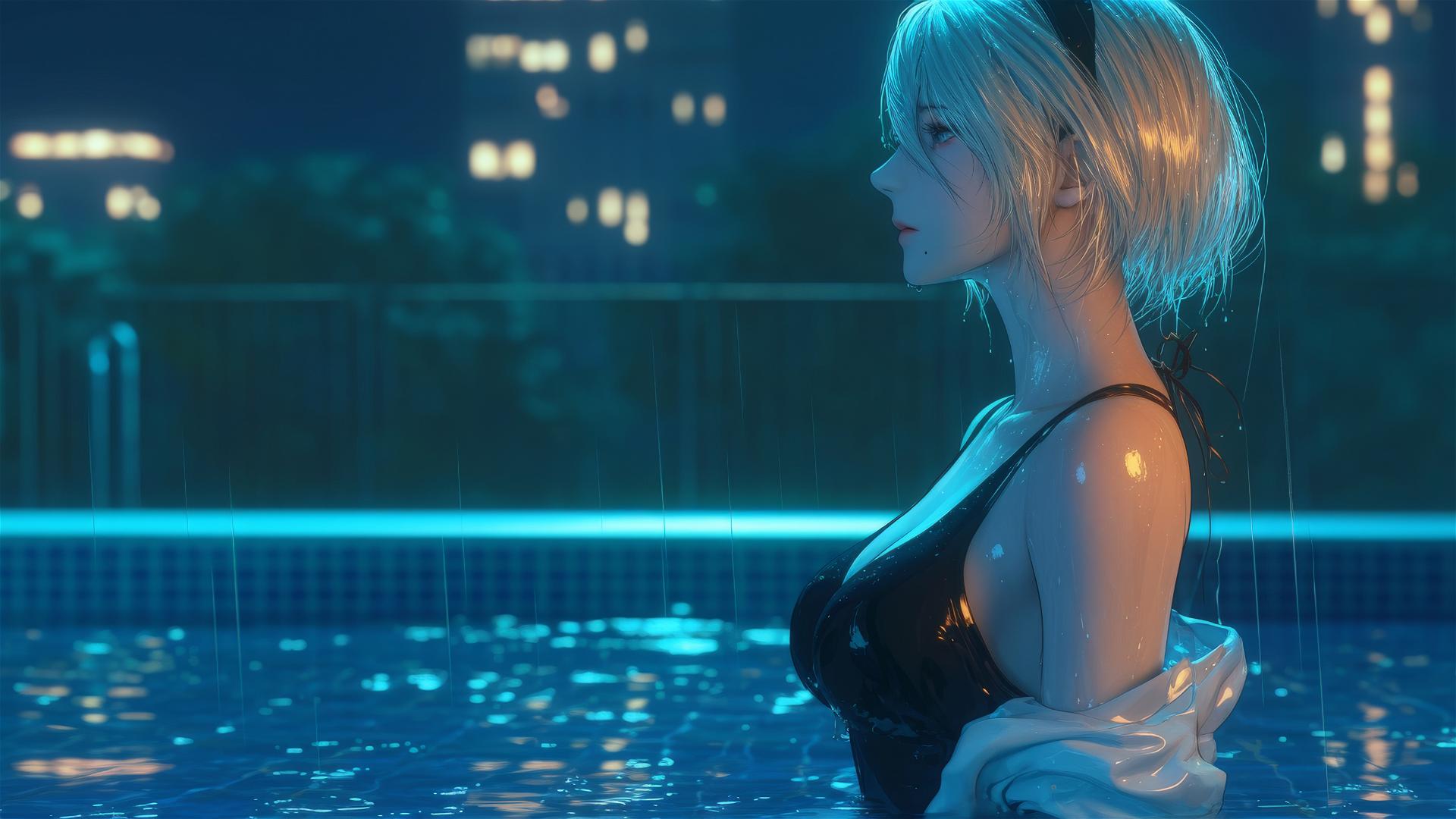 2B from Nier standing by a rainy swimming pool under moonlight
