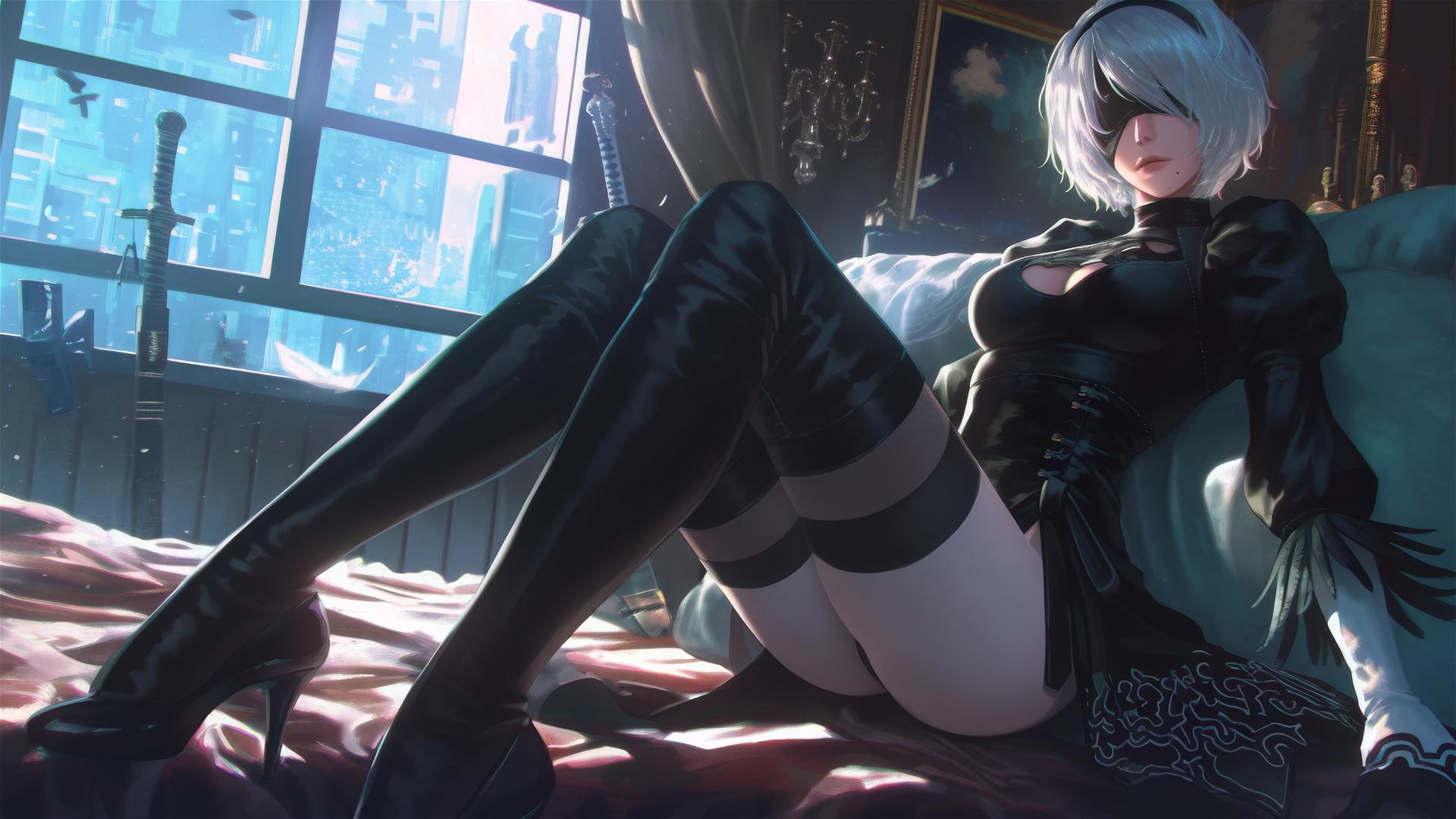 2B from Nier in a modern hotel room with moonlight glow