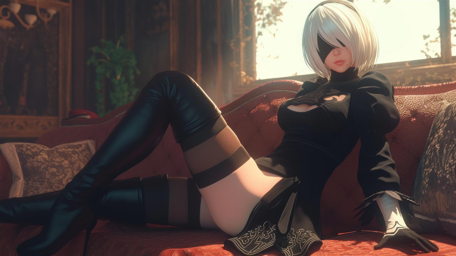 2B from Nier resting in a modern hotel room under moonlight.