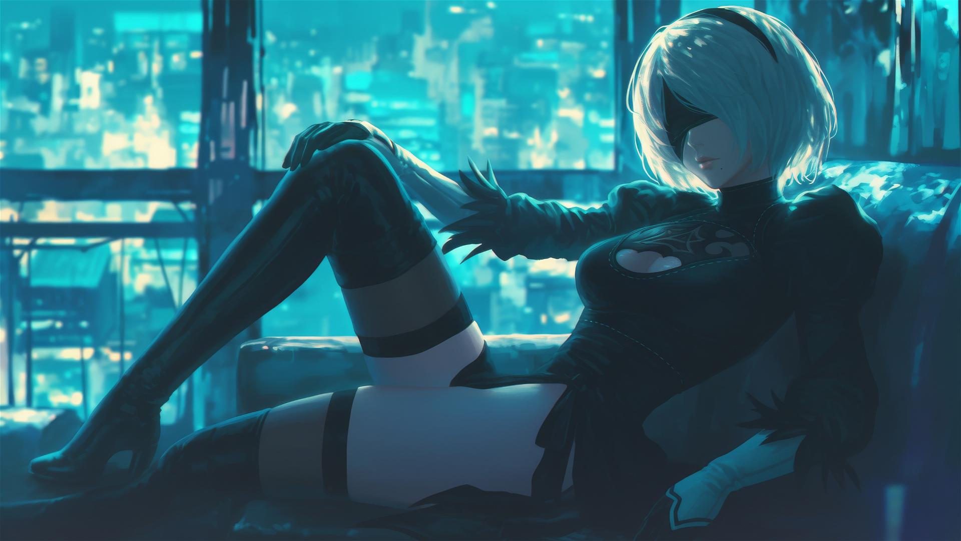 2B from Nier relaxing in a modern hotel room with moonlight glow.