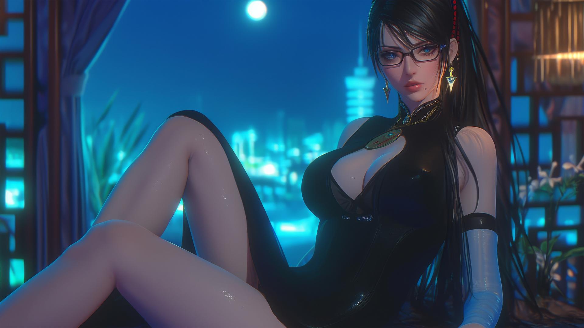 Bayonetta sitting in a moonlit modern hotel room