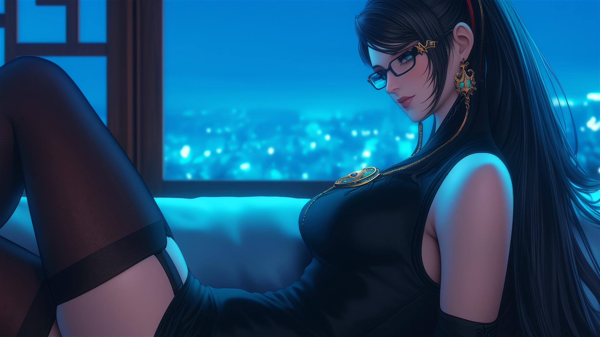 Bayonetta resting in a modern hotel room with moonlight glow