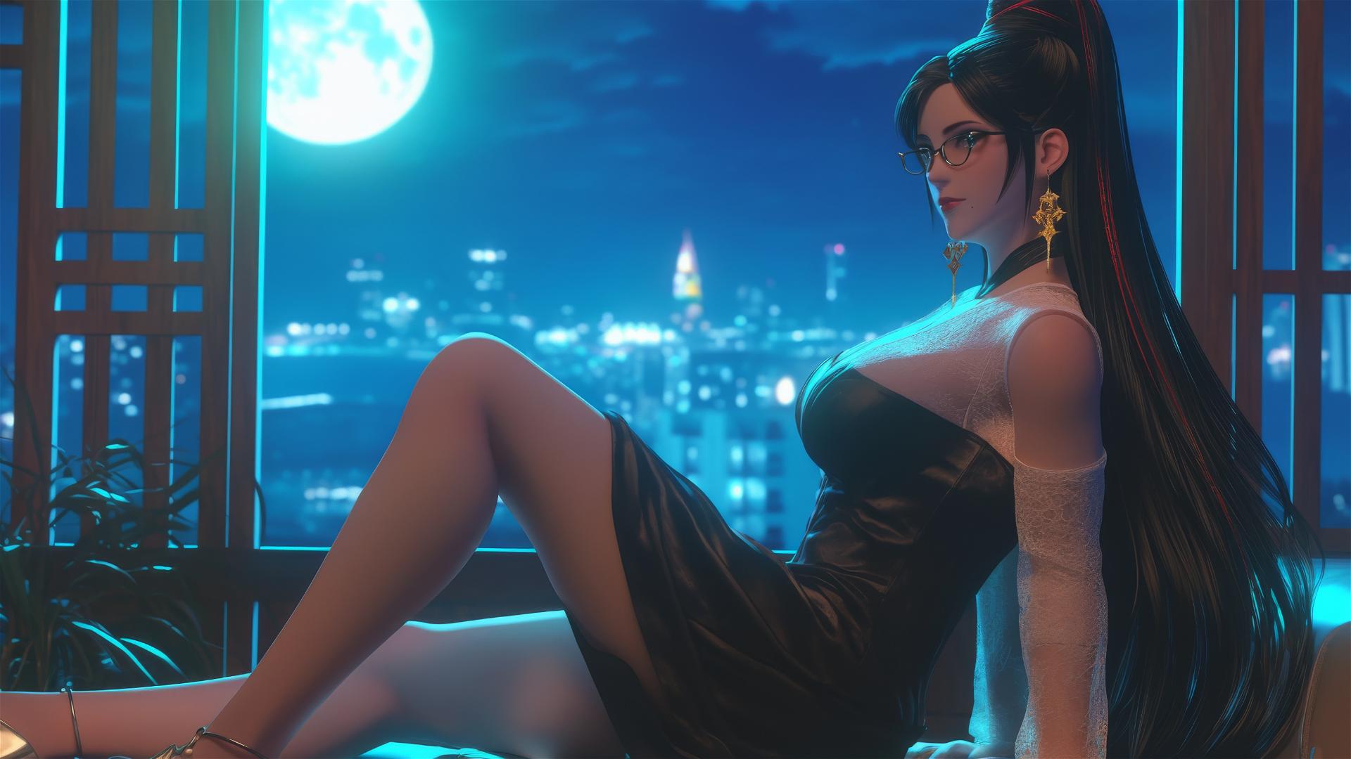 Bayonetta resting in a modern hotel room under moonlight.