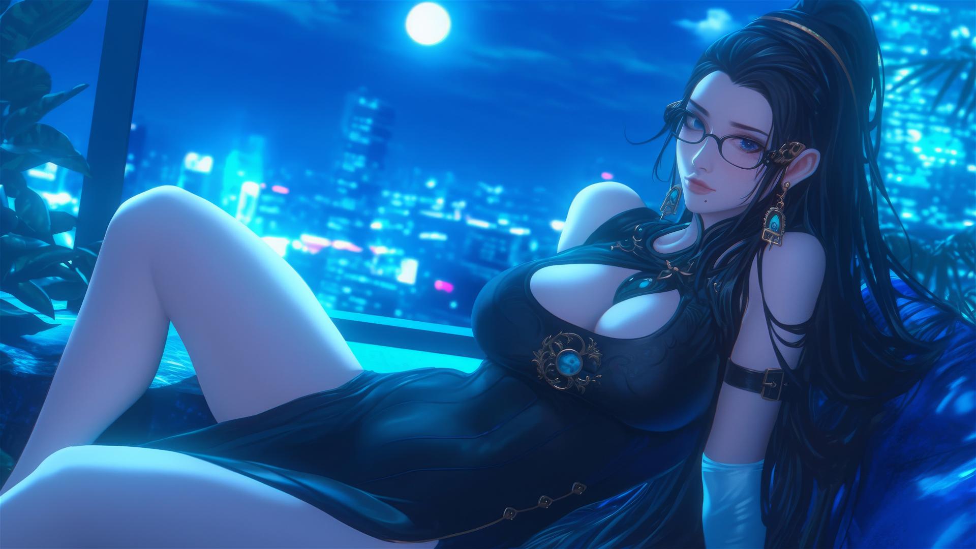Bayonetta resting in a modern hotel room with moonlight glow.