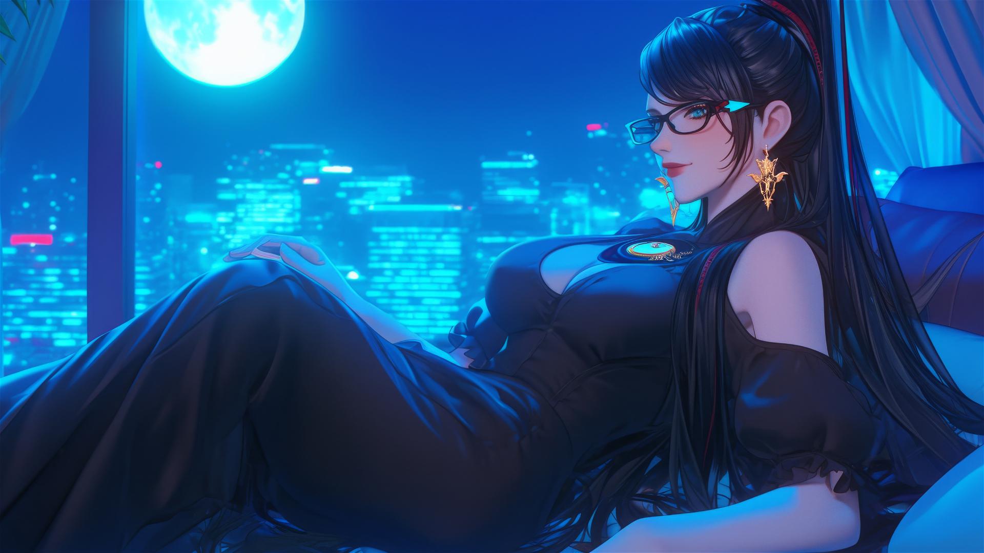 Bayonetta resting in modern hotel room with moonlight glow