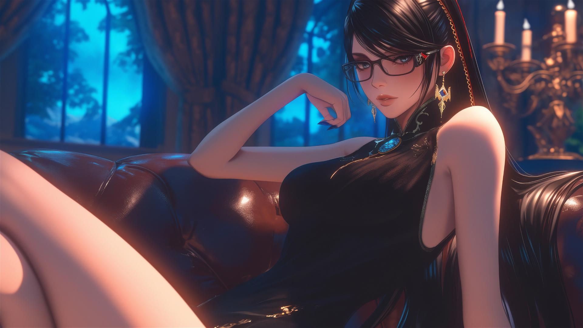 Bayonetta resting in a modern hotel room with moonlight glow
