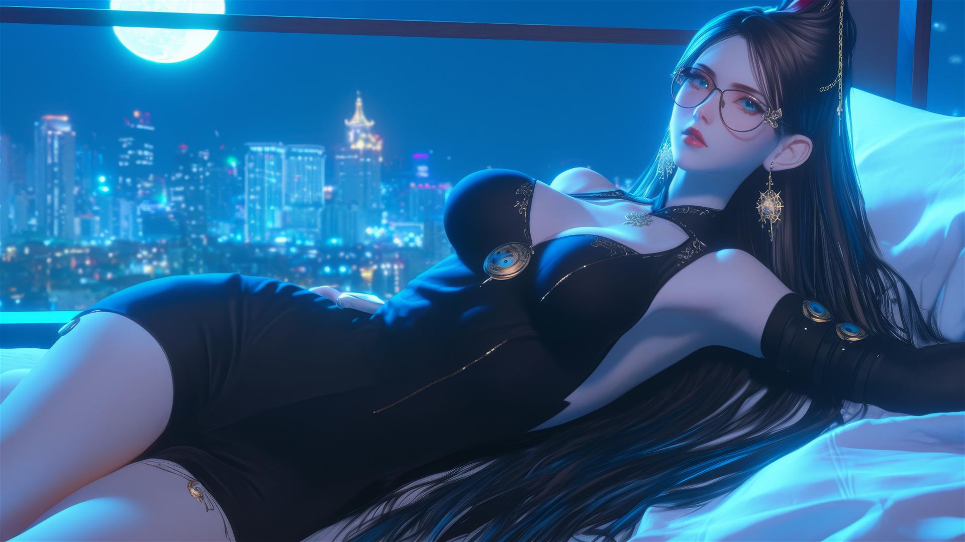Bayonetta resting in a modern hotel room with moonlight