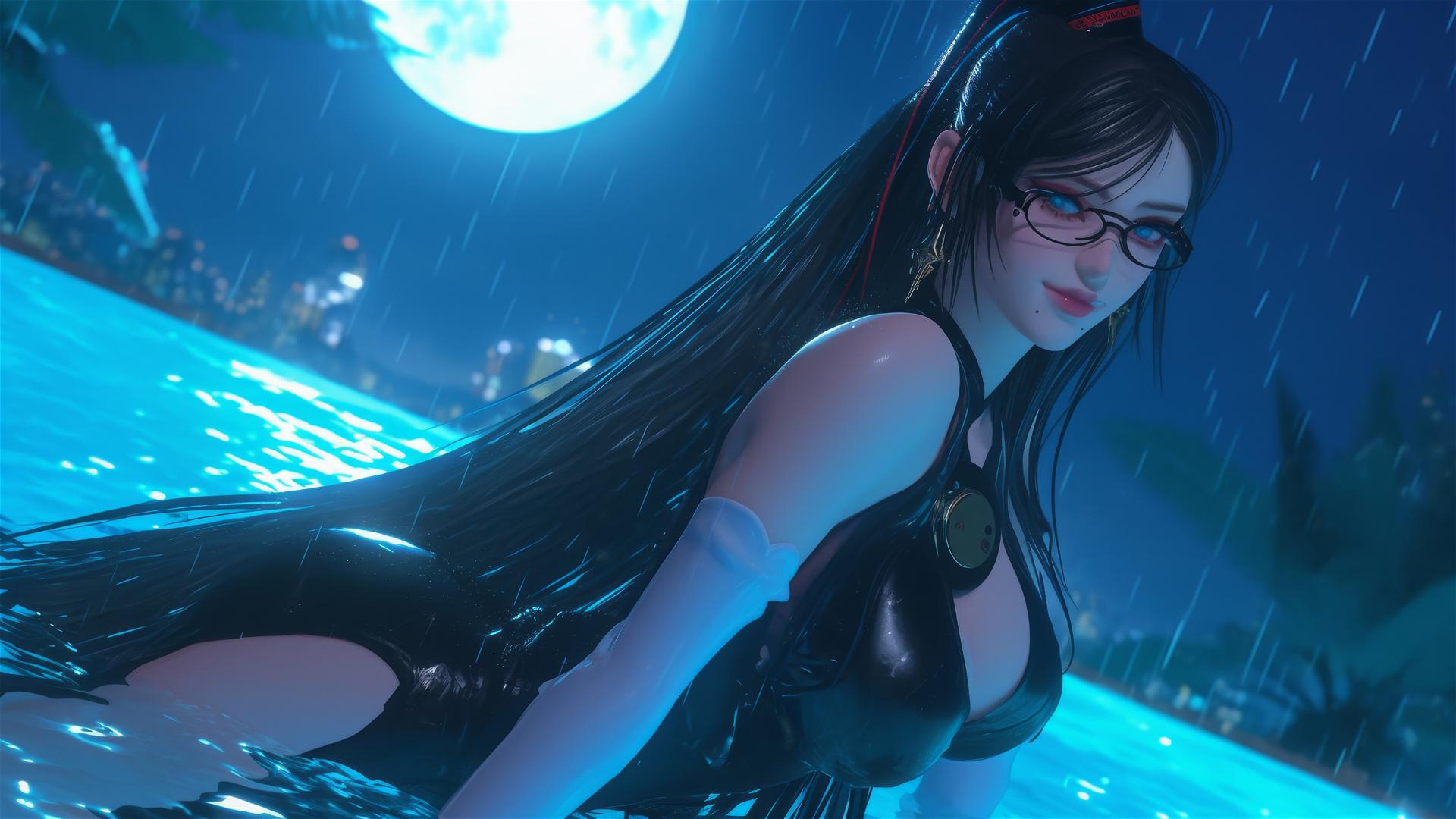 Bayonetta resting by rainy pool under moonlight