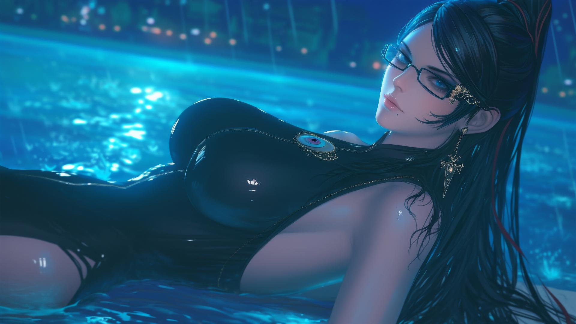 Bayonetta resting by a rainy swimming pool under moonlight