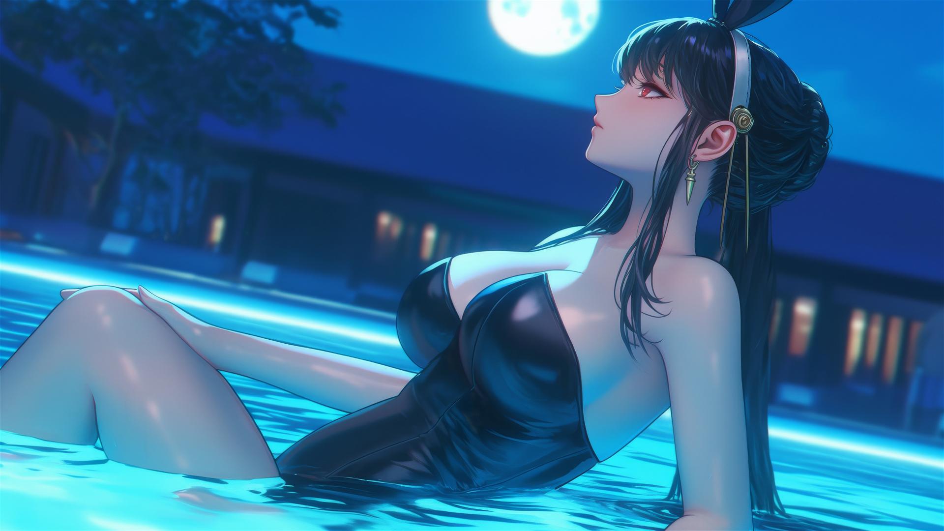 Yor Forger in Bunny girl style resting by a pool under moonlight