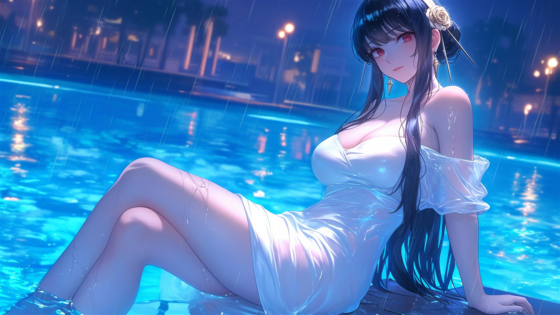 Yor Forger resting by a rainy pool in a white dress under moonlight