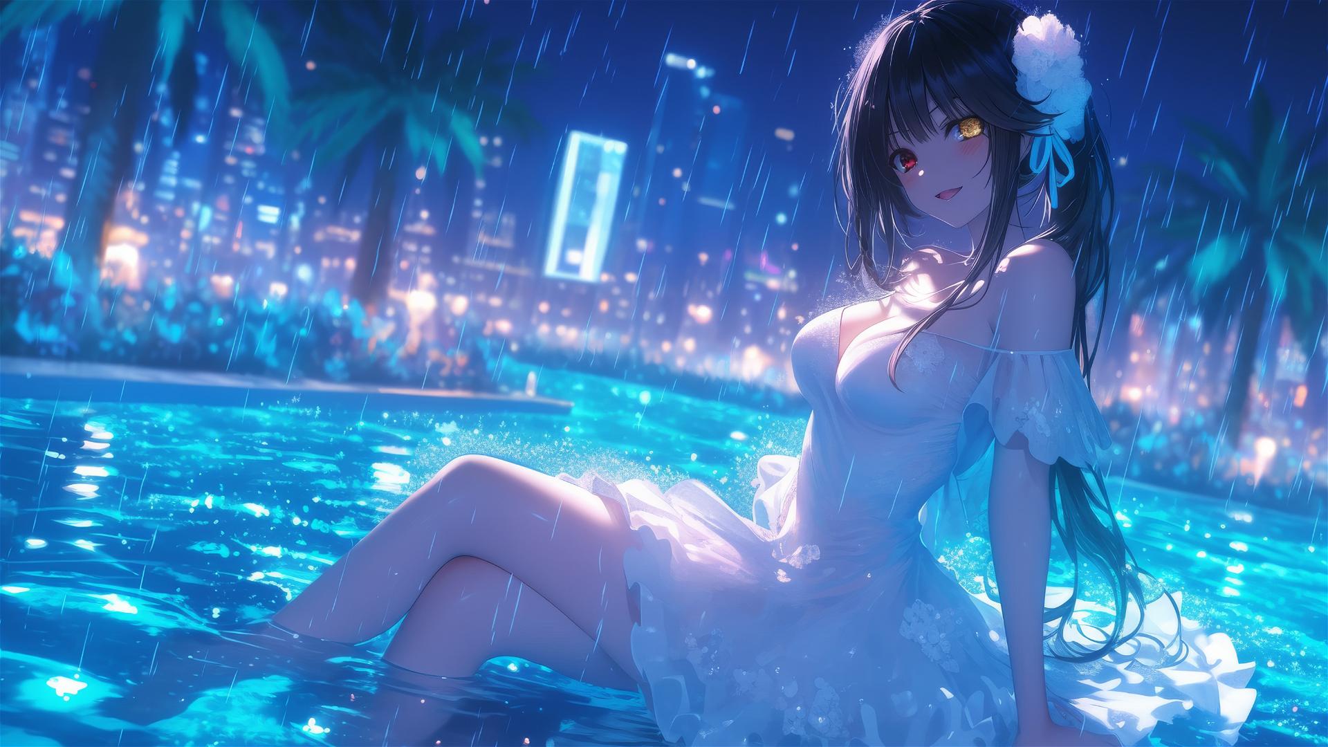 Kurumi Tokisaki stands in a rainy pool under moonlight, wearing a white dress, with one red and one yellow eye.