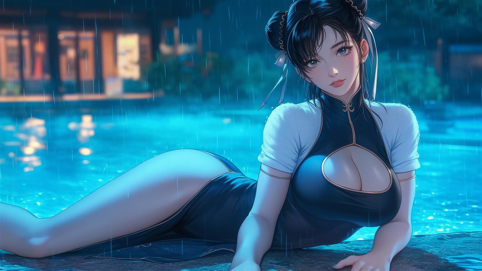 Chun Li in a black dress resting by a rainy pool under moonlight.