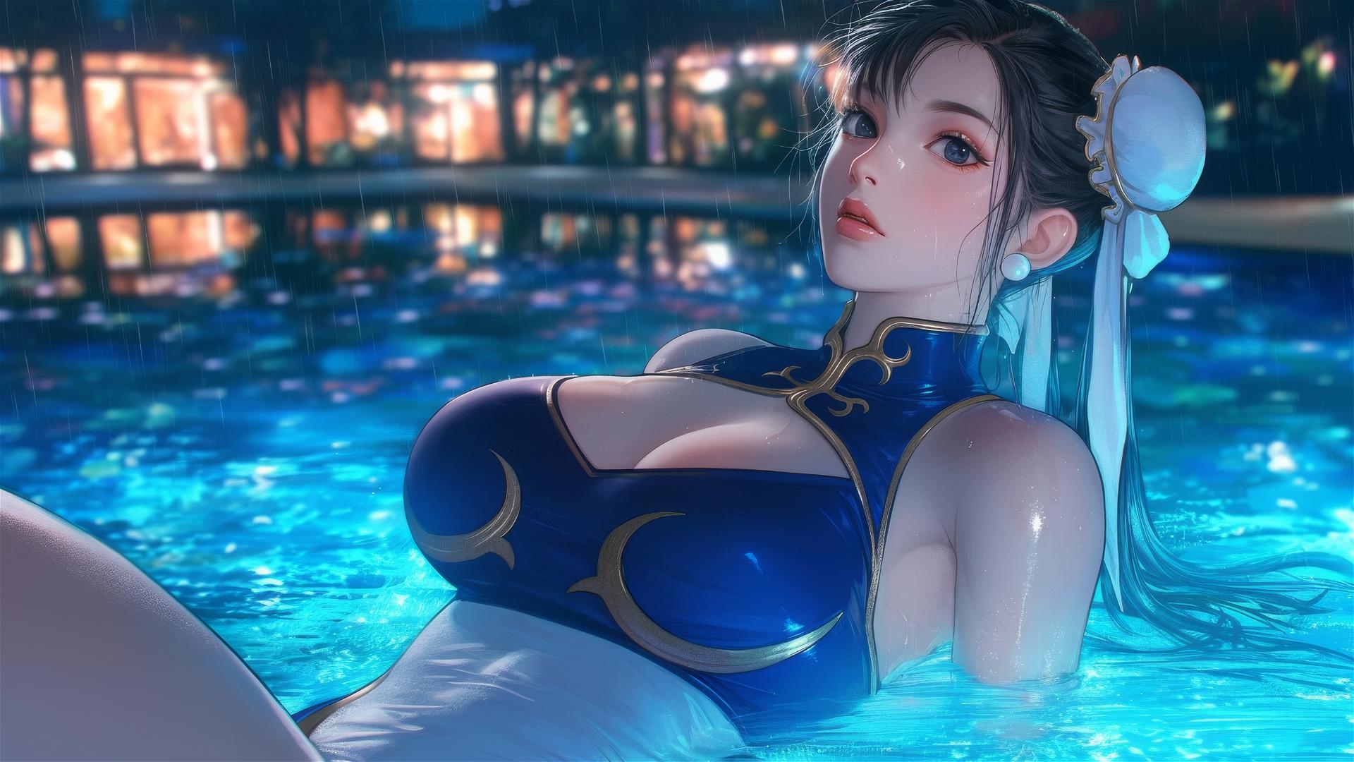Chun Li from Street Fighter resting by a rainy swimming pool under moonlight.