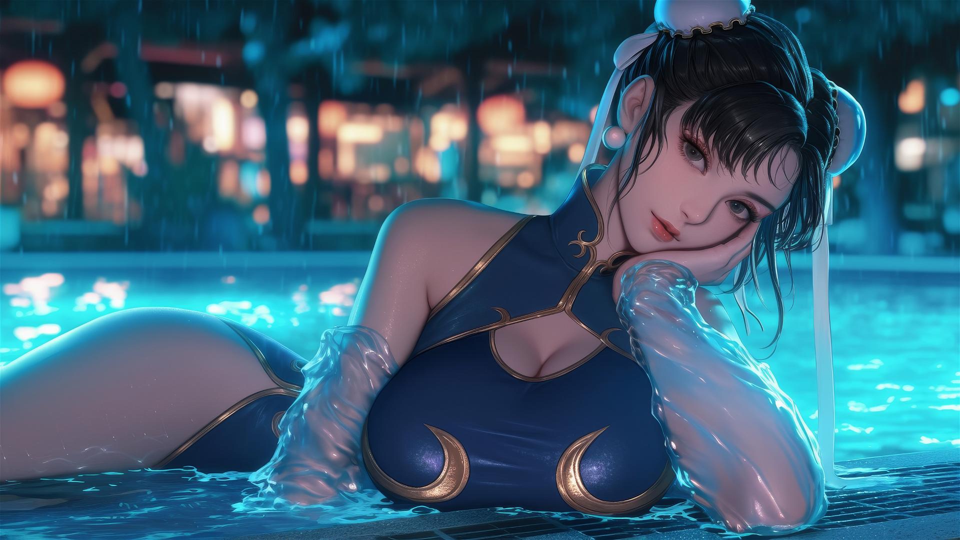 Chun Li from Street Fighter resting by a rainy pool under moonlight.