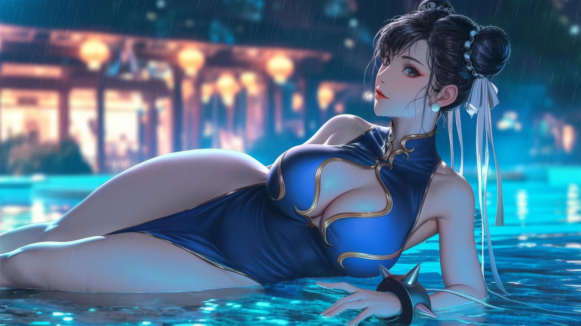 Chun Li from Street Fighter resting by a rainy swimming pool under moonlight glow