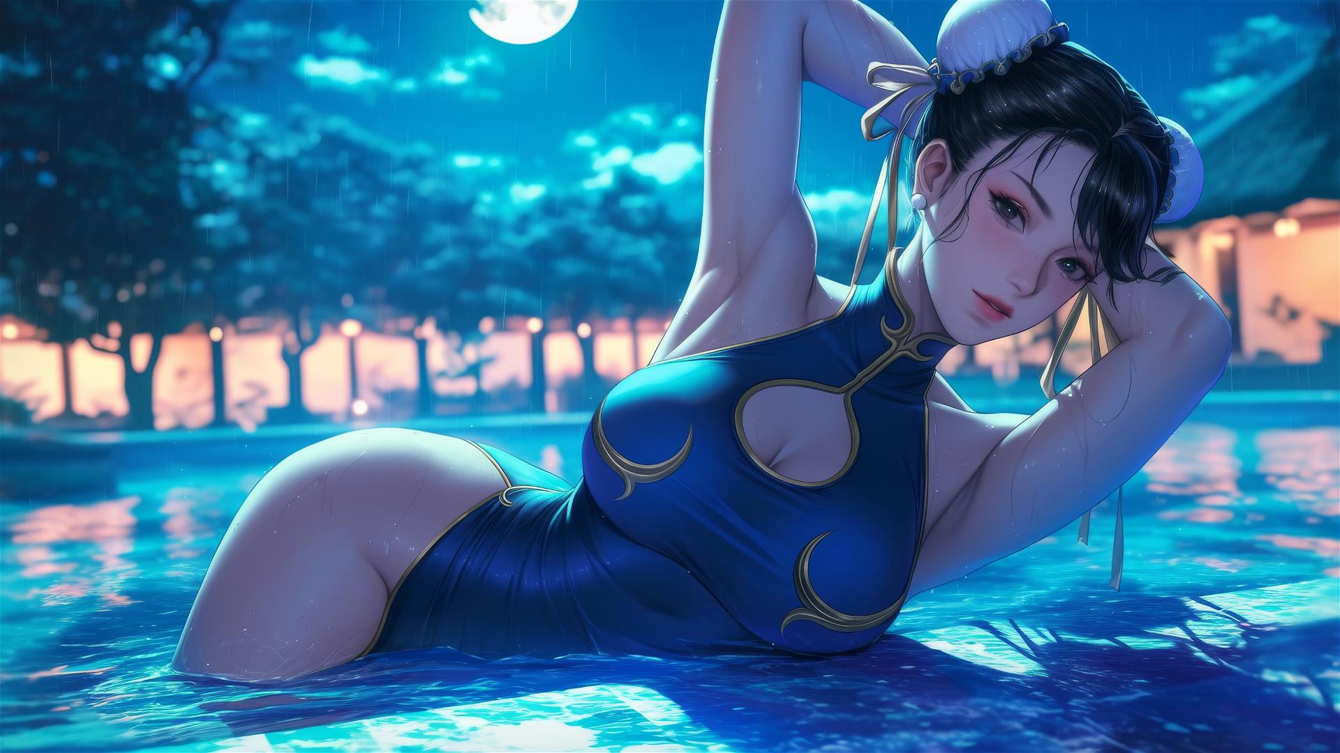 Chun Li from Street Fighter resting at a rainy swimming pool under moonlight.