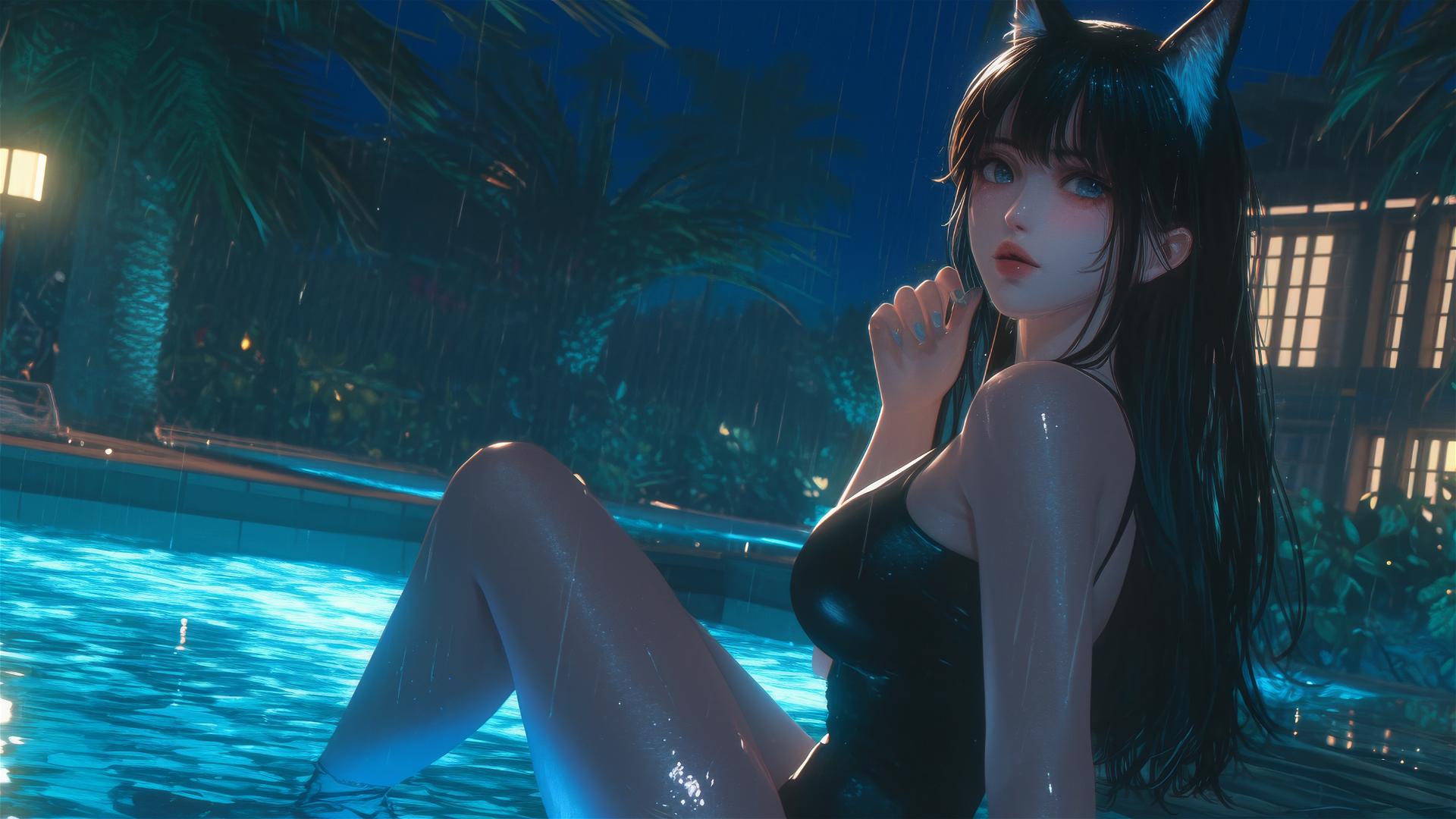 Super kawaii cat girl resting at a rainy swimming pool with moonlight.
