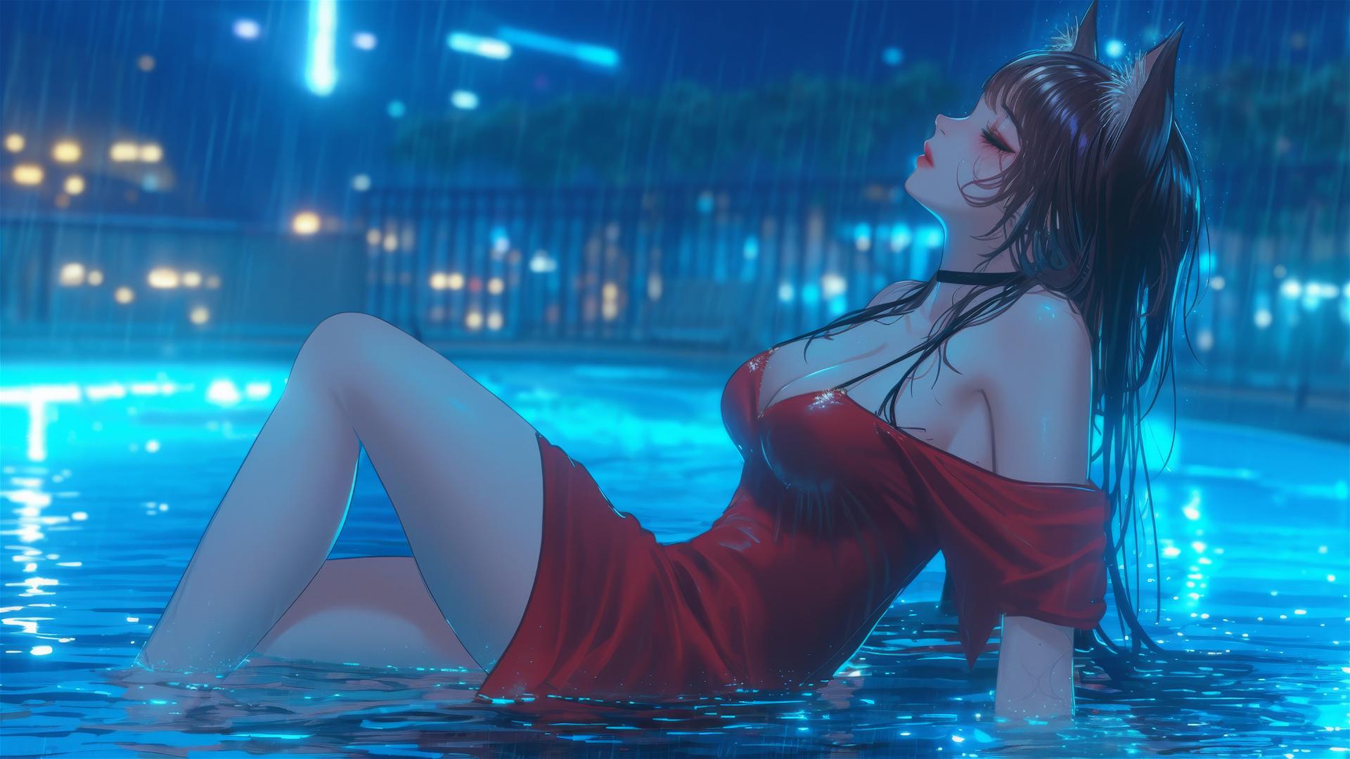 Cat girl in red dress resting at rainy swimming pool with moonlight glow