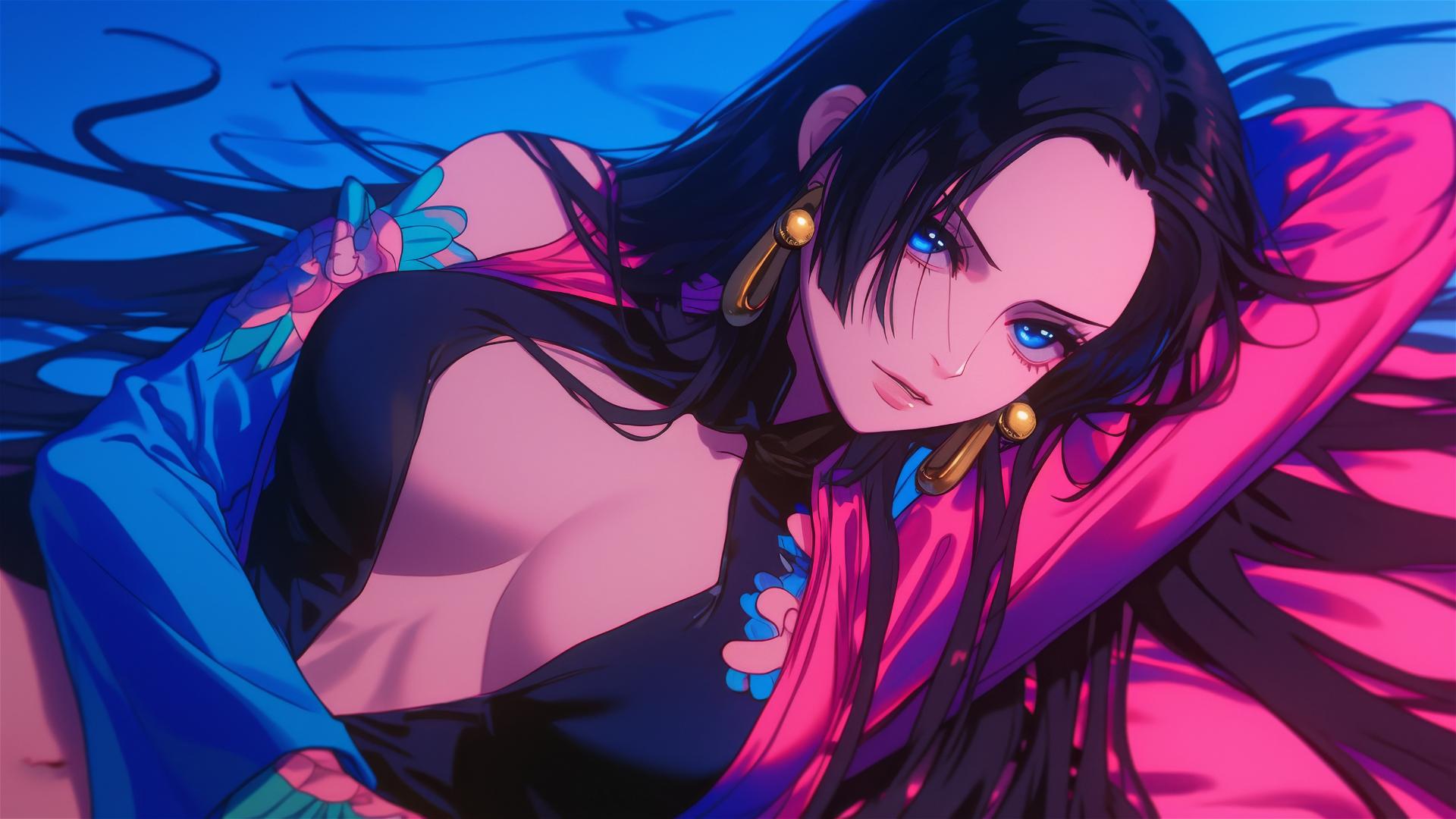 Boa Hancock from One Piece in bed, wearing black and pink leather, neon colors