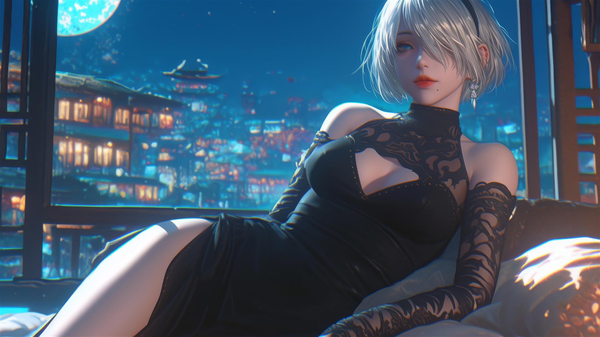 2B from Nier sitting in a modern hotel room, moonlight glowing on her.