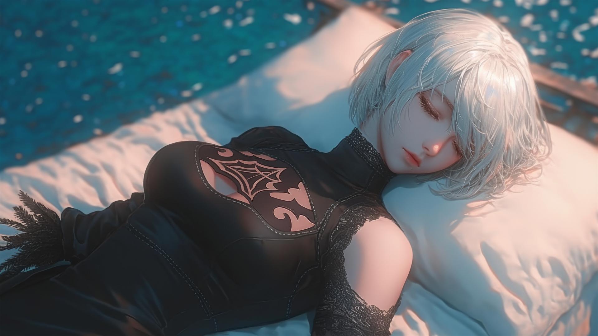 2B from Nier in bed, relaxed, high angle view, short hair