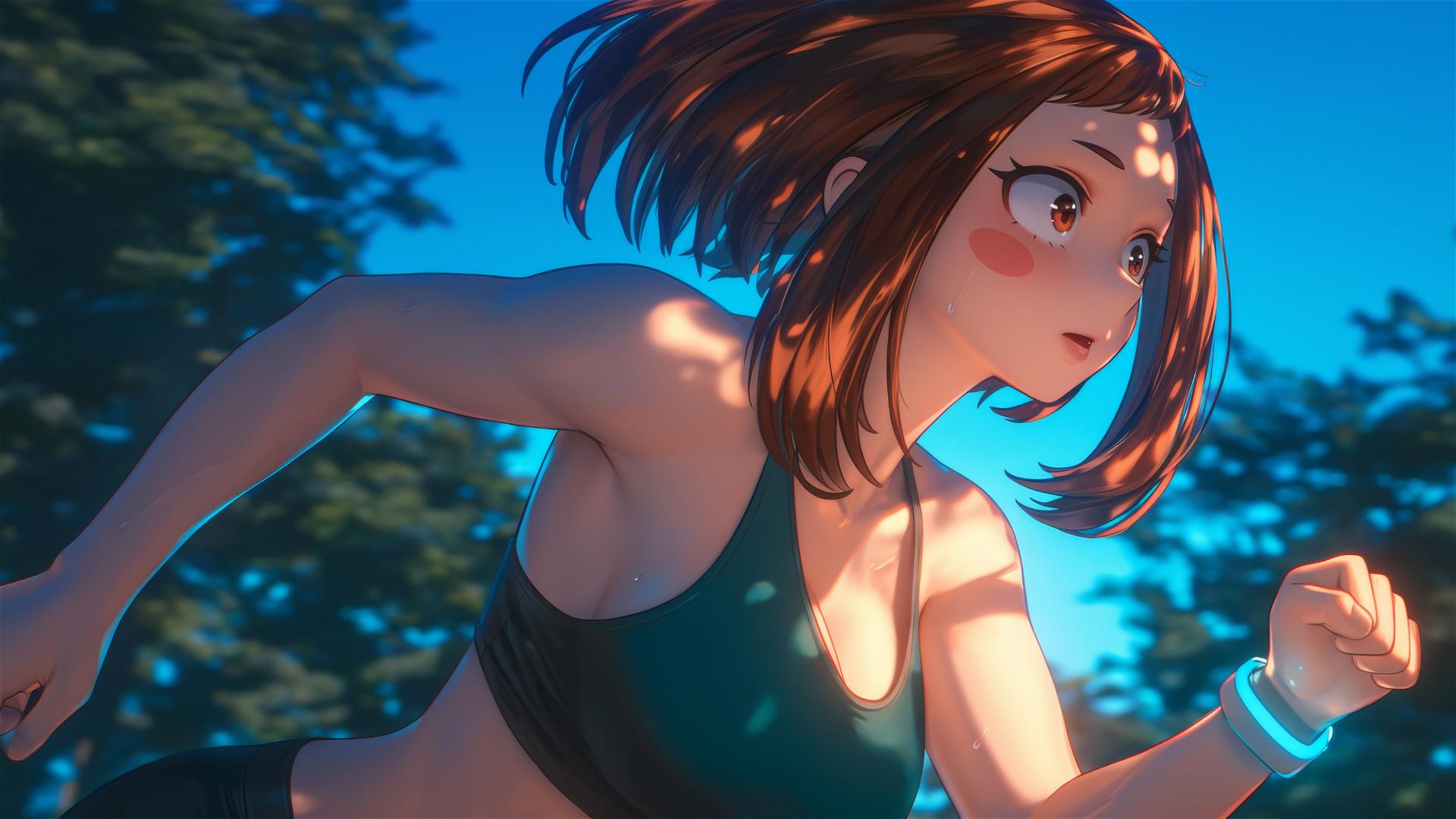Ochaco Uraraka running in park at sunrise with auburn hair and pink blush
