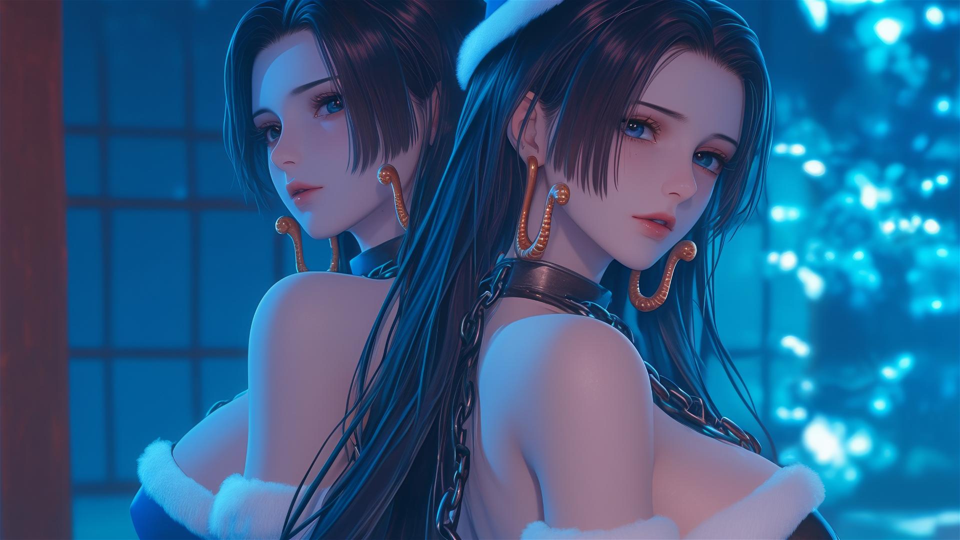 Boa Hancock from One Piece in a Christmas costume with chains in a neon-lit hotel room.