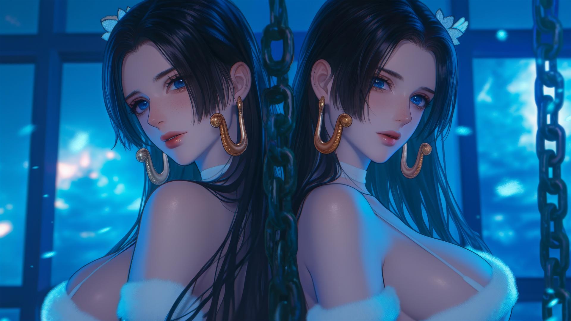 Boa Hancock in Christmas costume, iron chains, in a neon-lit hotel room.