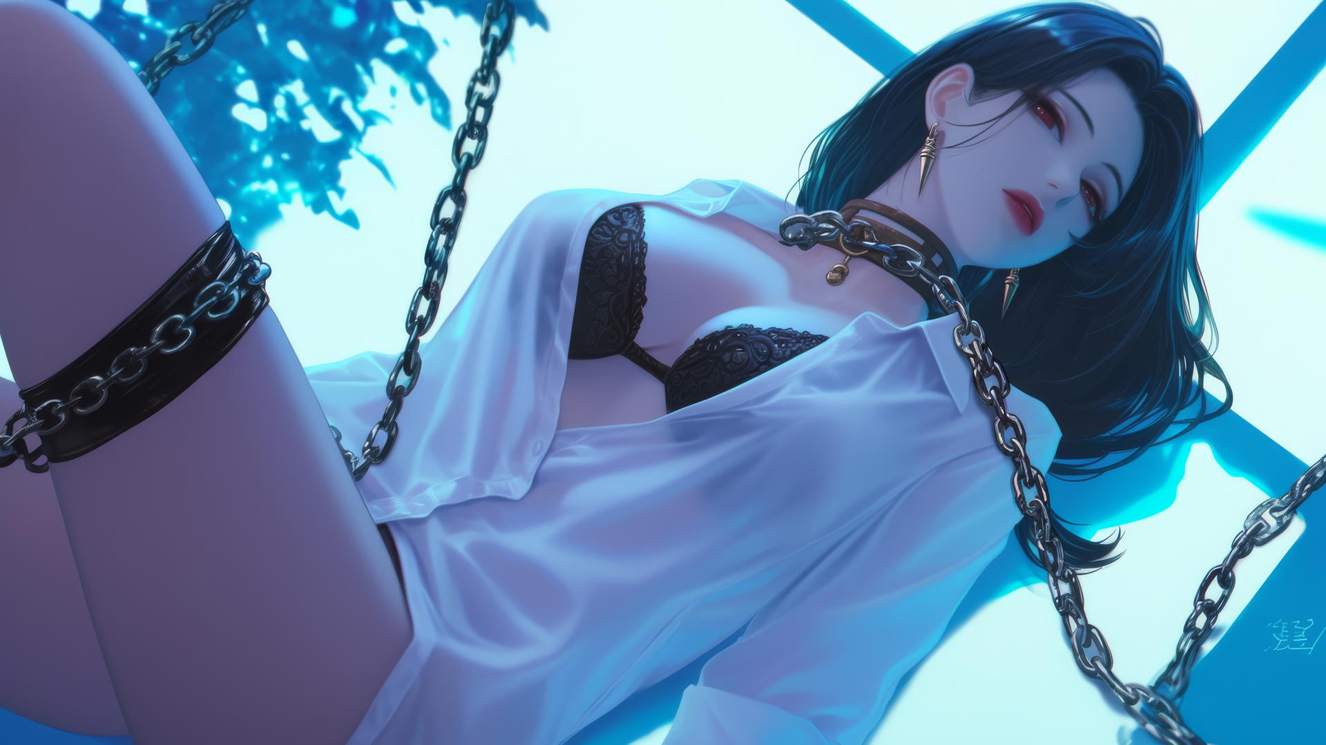 Yor Forger from Spy x Family locked by iron chains in a neon-lit hotel room