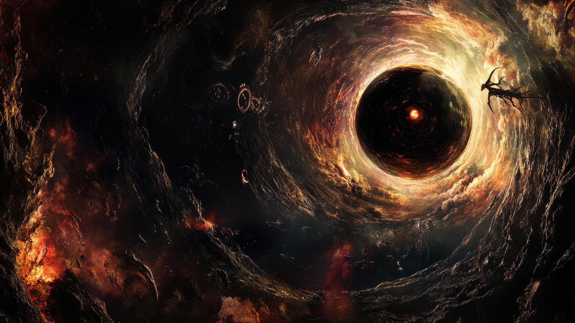 black hole wallpaper with eldritch symbols and ancient creatures