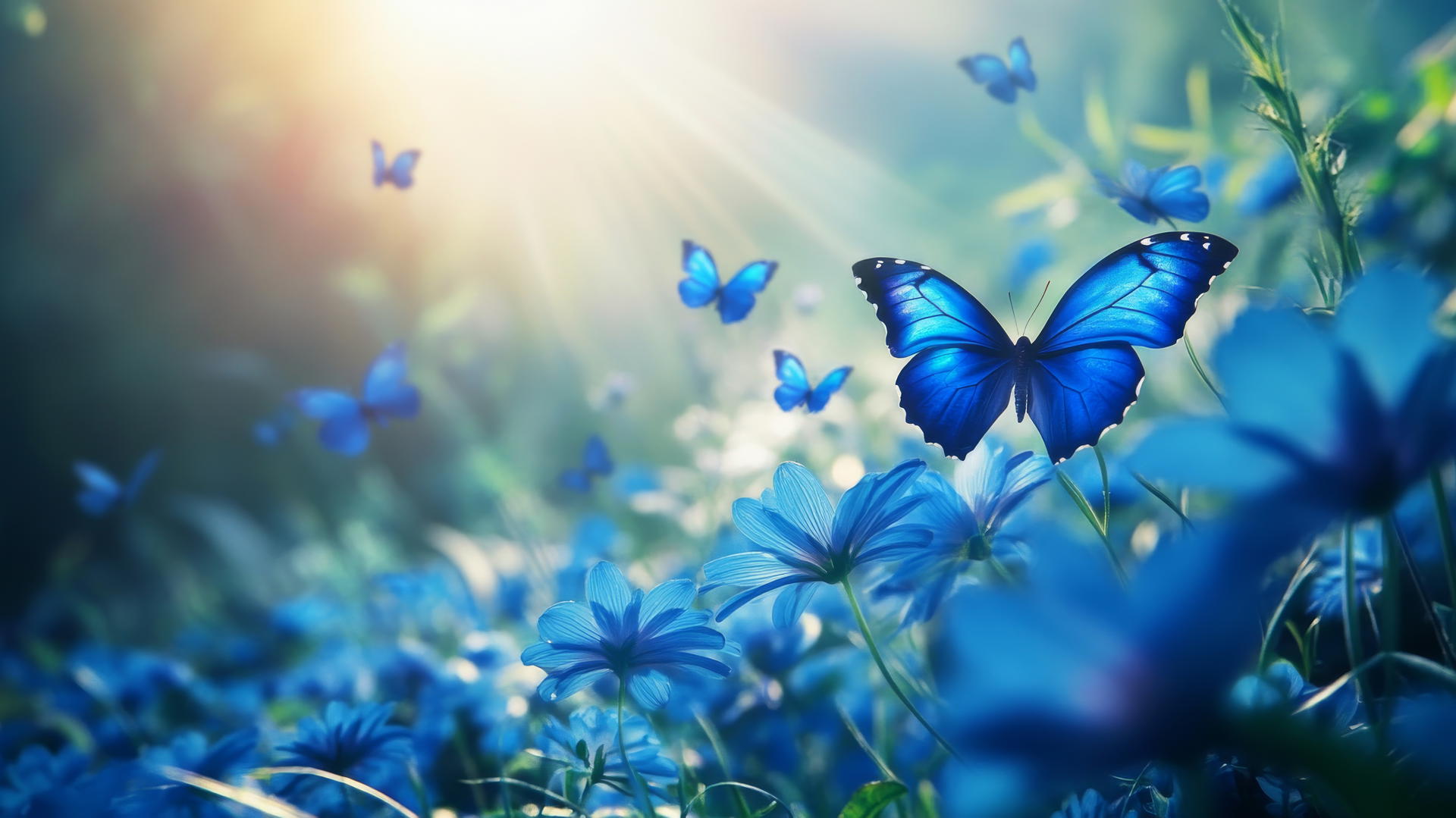 blue butterfly wallpaper with vibrant blue flowers and sunlight