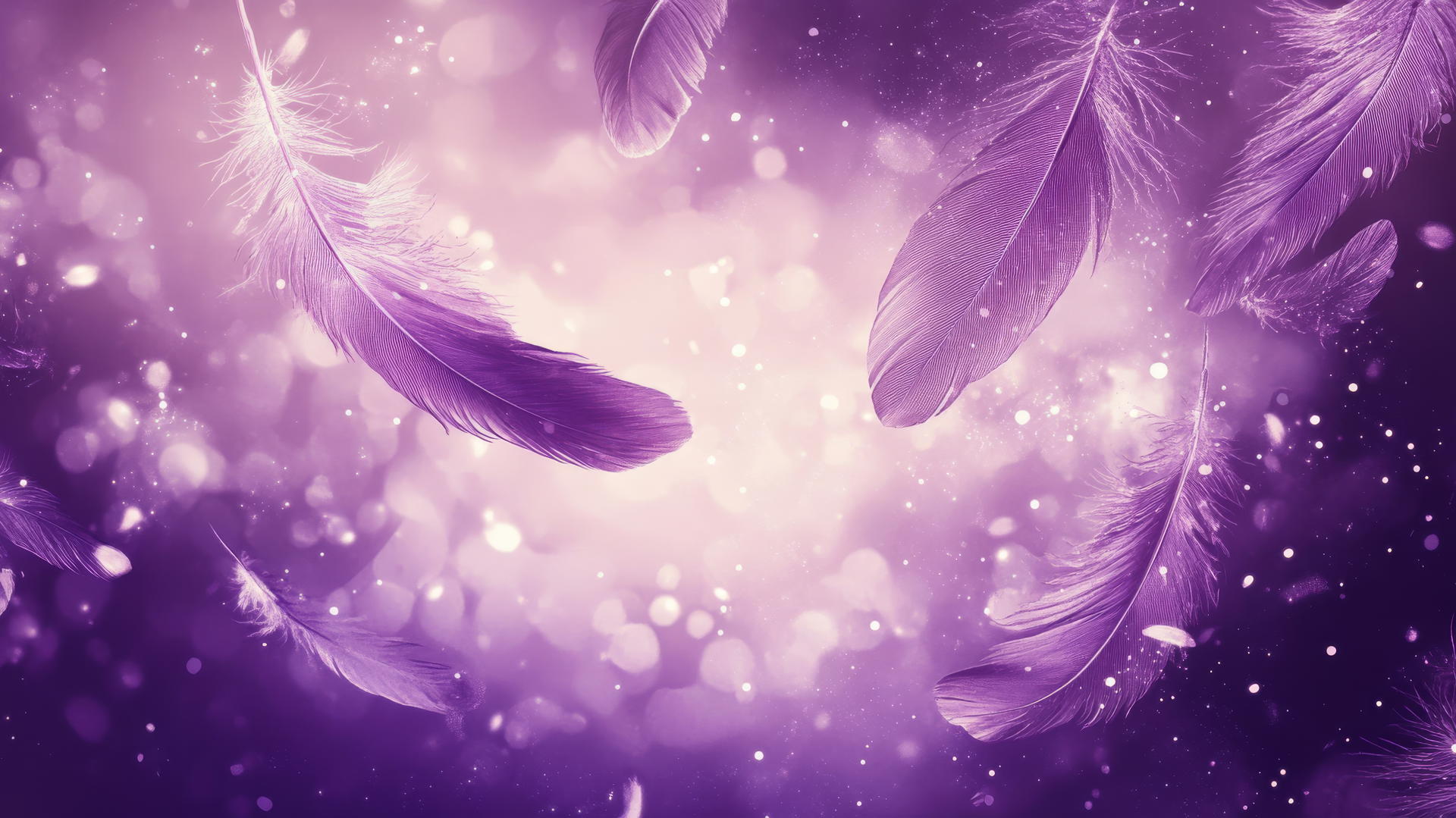 Purple background wallpaper with floating feathers and sparkles