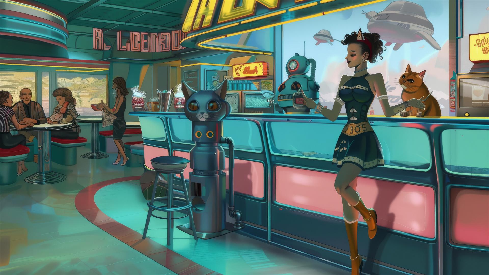 Retro futuristic diner scene with cats, vintage waitress, and cat robot in cyan and magenta.