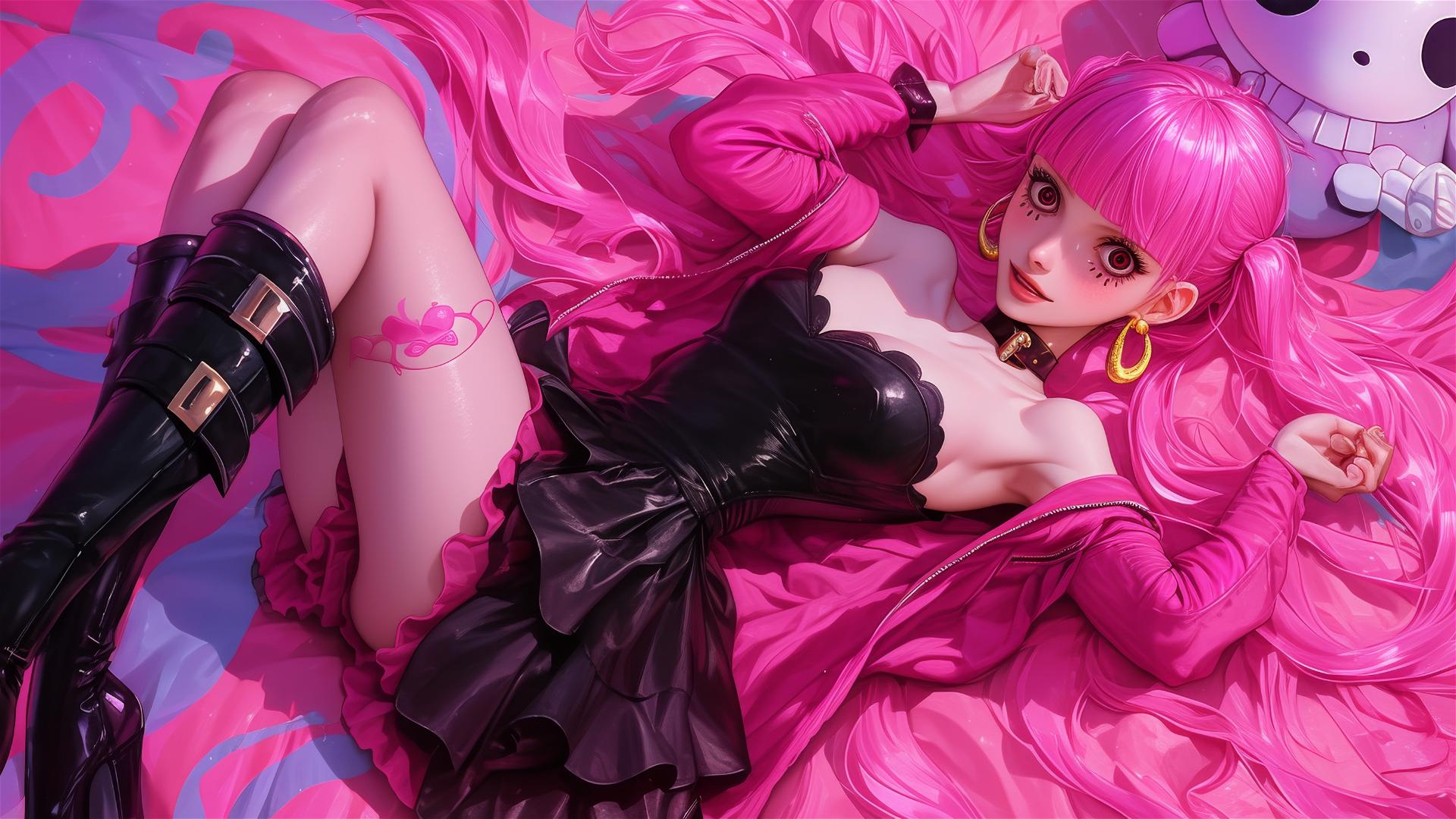 Perona from One Piece in black and pink leather on a bed, neon pink light.