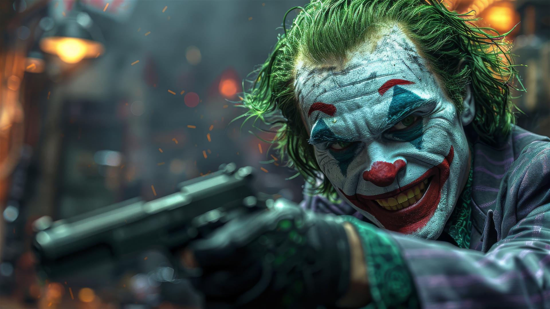 Photorealistic Joker in Nike, robbing Gotham bank