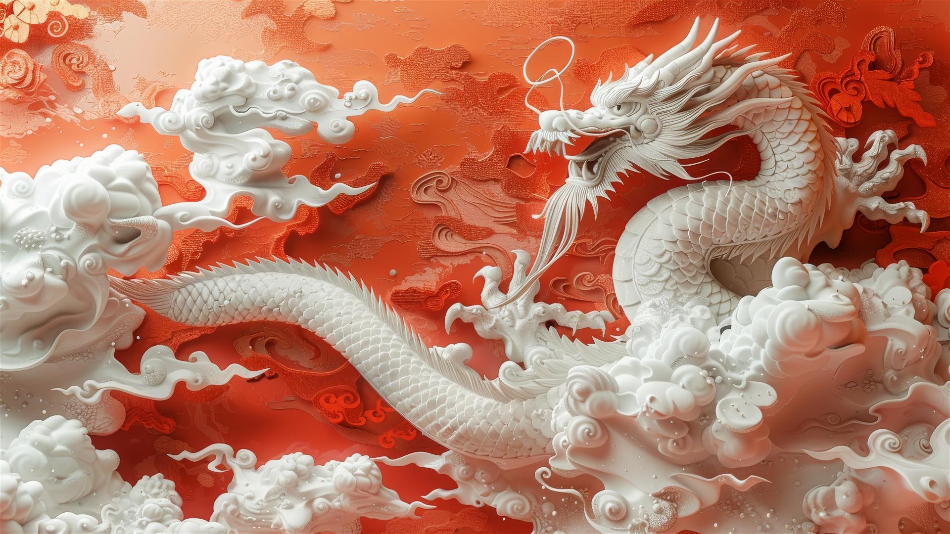 Festive red scene with dragon pattern and clouds for New Year's Day