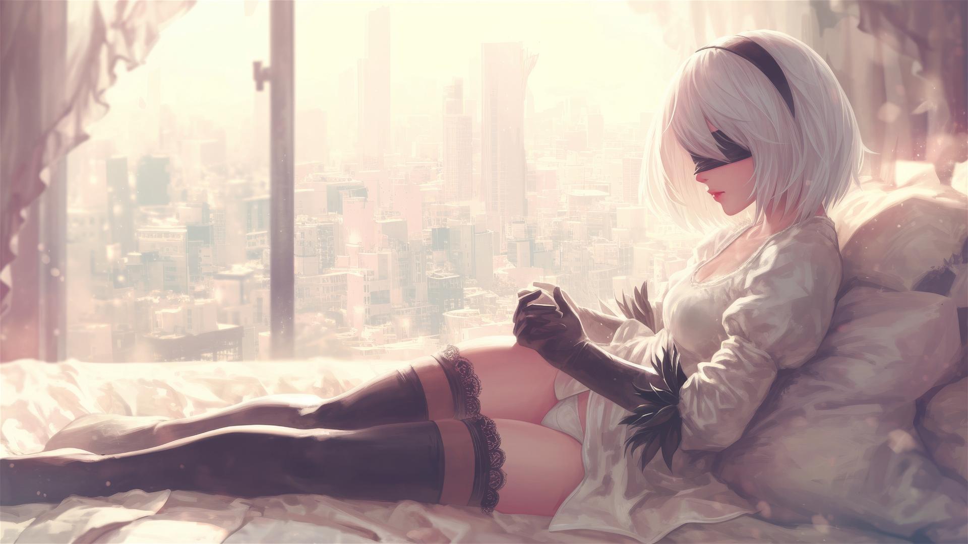 2B from Nier in white silk pajamas resting at sunrise.