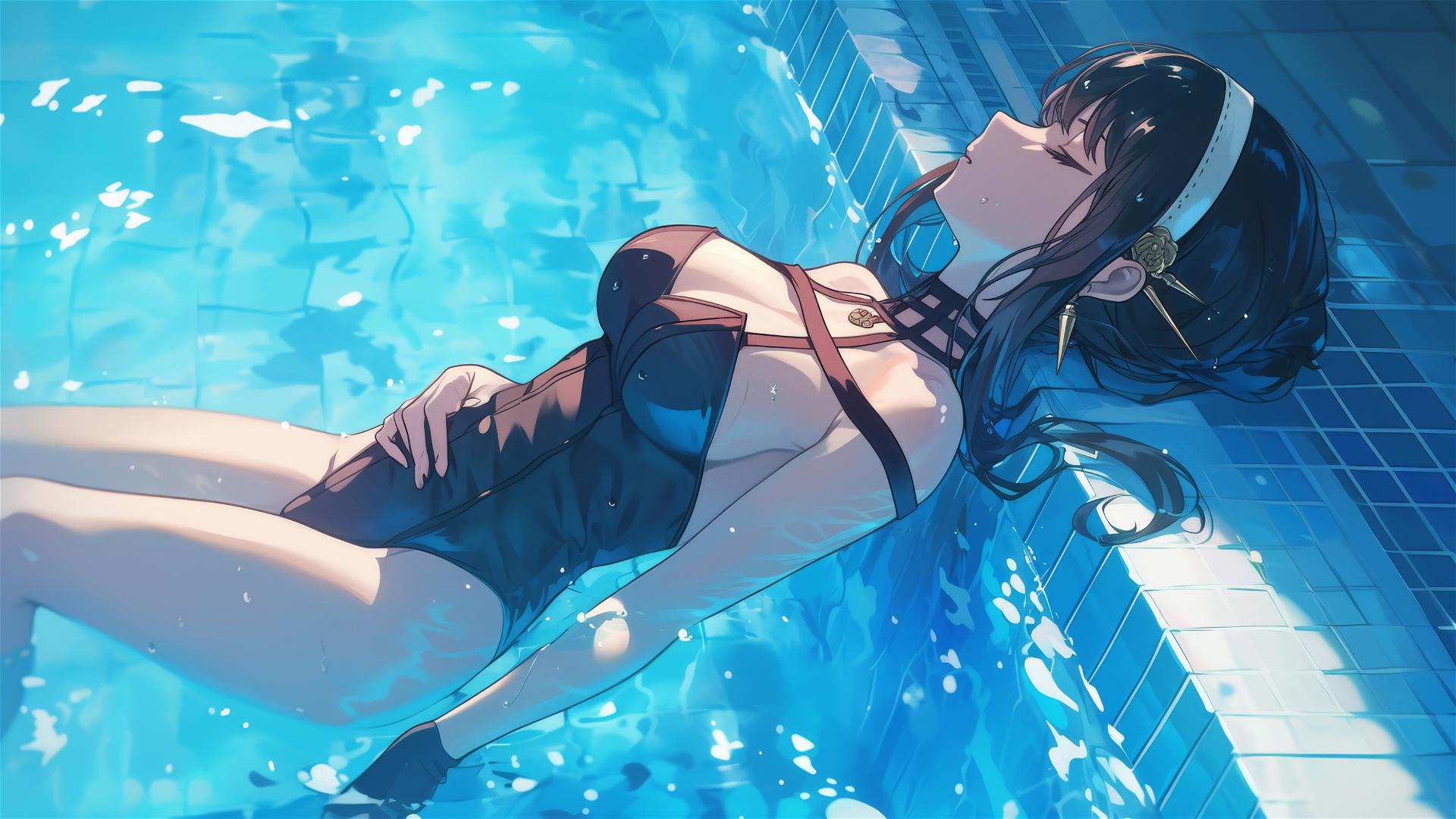 Yor Forger from Spy x Family in bunny girl outfit swimming in moonlit pool