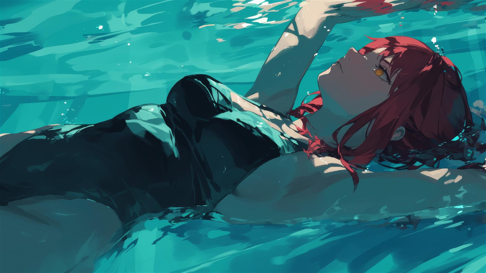 Makima from Chainsaw Man swimming in moonlit pool with red hair