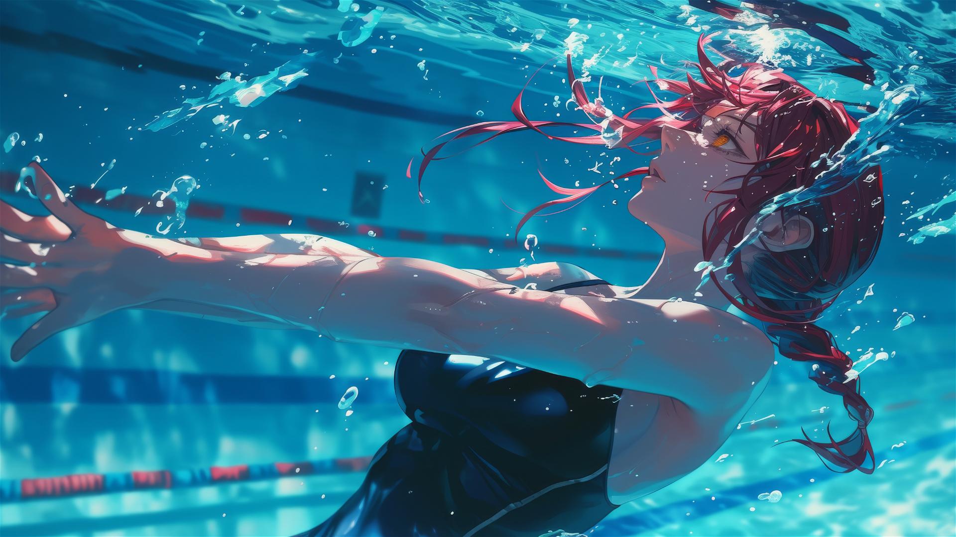 Makima from Chainsaw Man swimming in a pool under moonlight with red hair