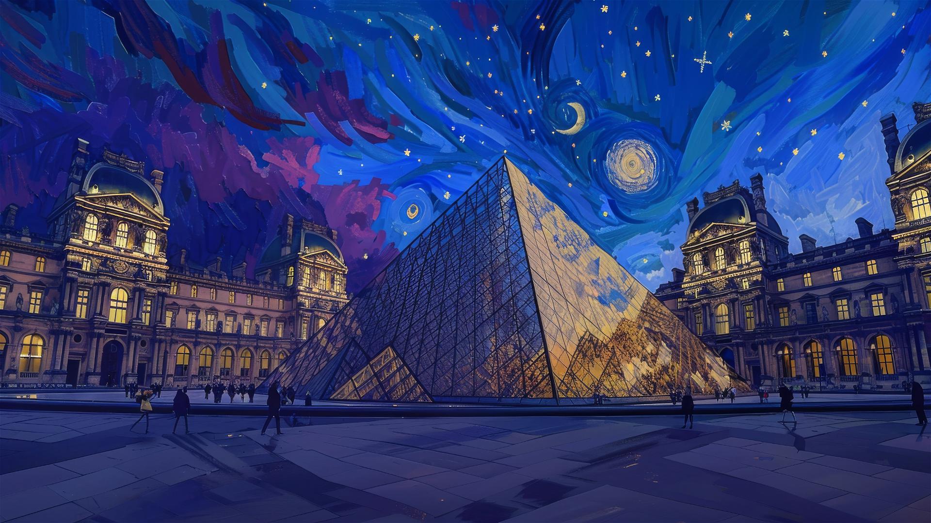 Louvre Museum with van Gogh's Starry Night sky at dusk, no clouds