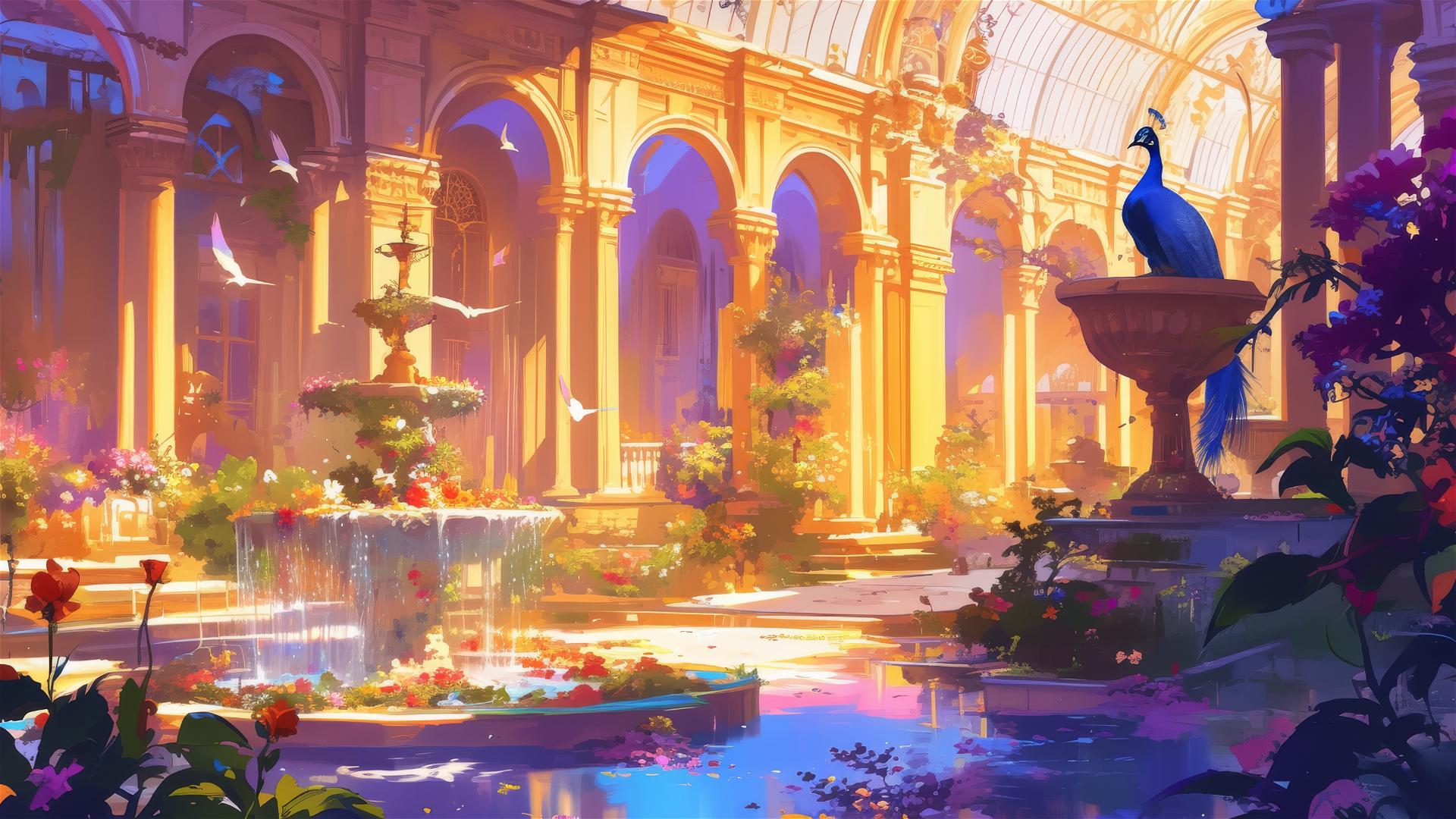 Palace garden with fountains, peacocks and flowering vines at sunset